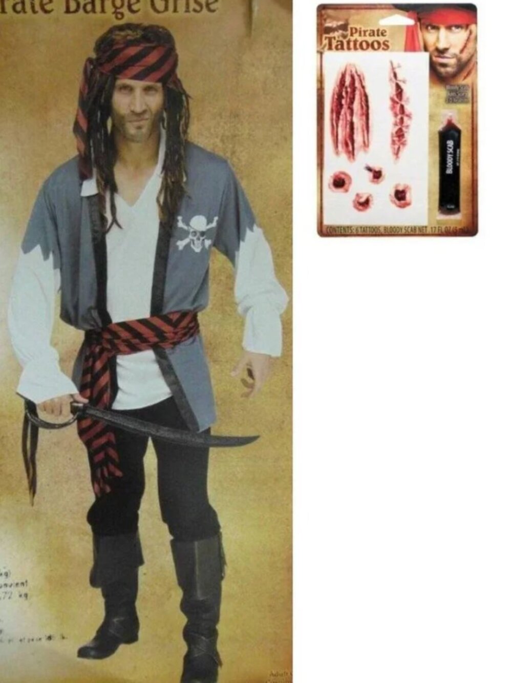 Pirate & Tattoos Halloween Costume Grey Beard 4 Pc Shirt, Bandana, Sash Mens OS